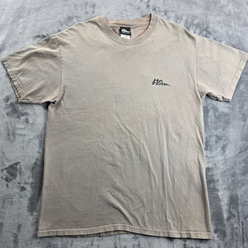 Vintage 90s No Fear Graphic T-Shirt Mens Large Tan Made in USA Back Print